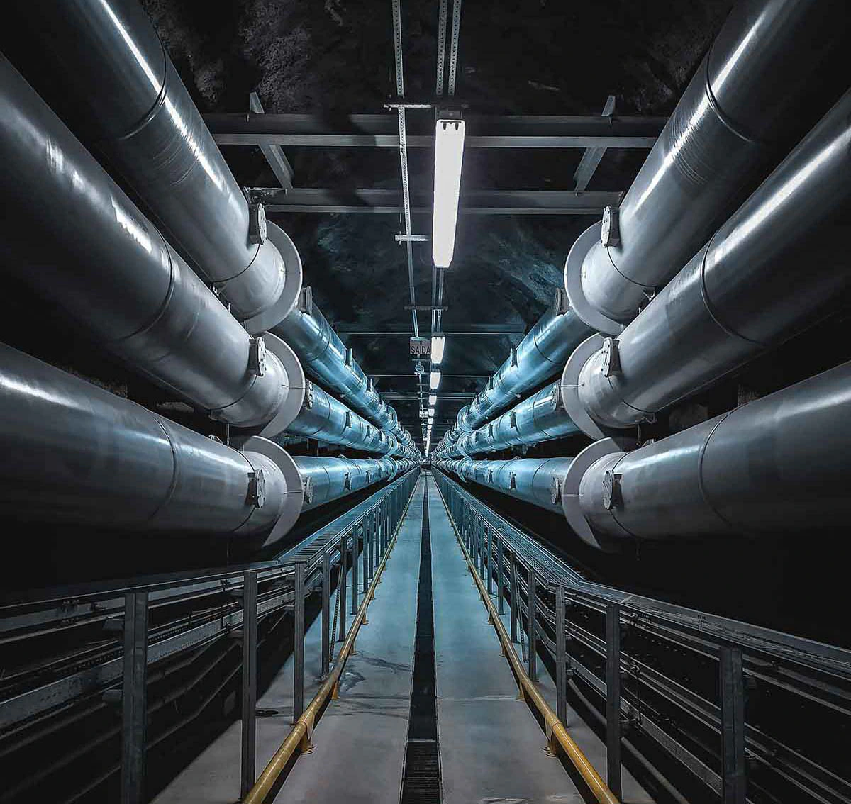 Insulated pipes running in a culvert as far as the eye can see