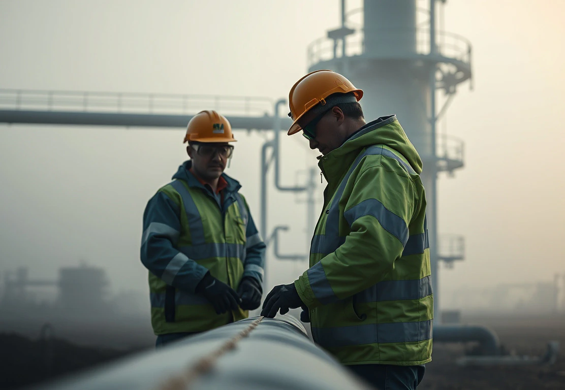 Two workers inspecting an insulated pipeline, with structures from an oil refinery in a misty background